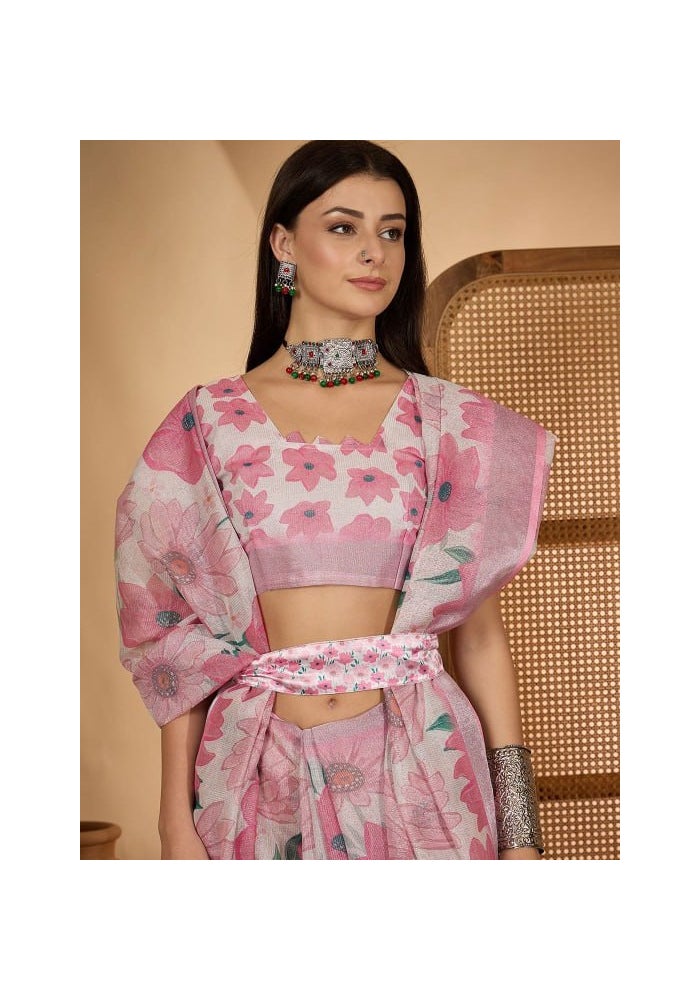 Malishka Export Pink Linen Cotton Digital Print Saree for Women - Image 5